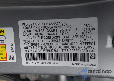 2023 Honda Civic Sport from USA, damaged, VIN 2HGFE2F58PH557661